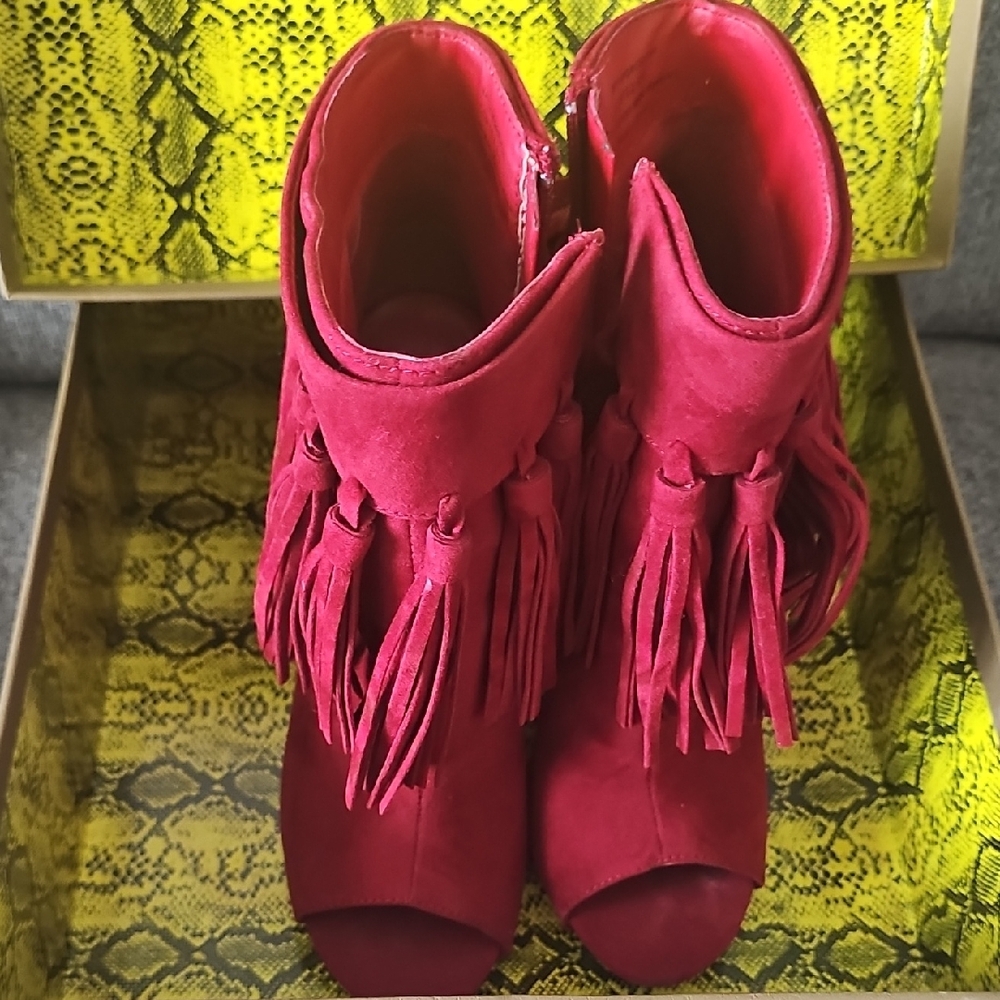 Privileged Red Ankle Boots with Fringe Detail